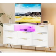 Garvee Wooden White Bedroom Dresser with LED Lights and Electrical Outlet, 55-inch TV Stand with 8 Drawers, Modern Chest of Drawers for Closet, Hallway, Entryway